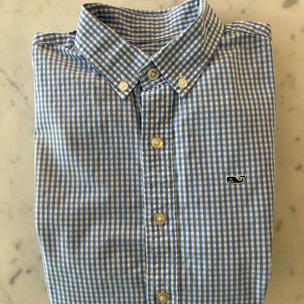 Vineyard Vines Boys Whale Collared Button Down Shirt, Blue/White, Size M (12-14)